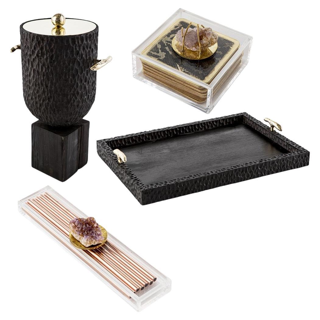 Modern Cast Brass, Chiseled Timber and Resin Dawa Cocktail Bar Set