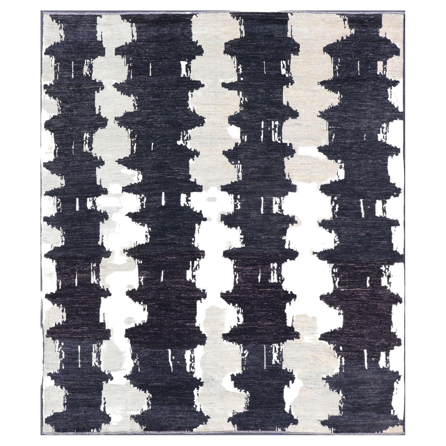 Moderner, ungewöhnlicher, abstrakt-moderner afghanischer Schwarz-Weiß-Teppich mit modernem Design