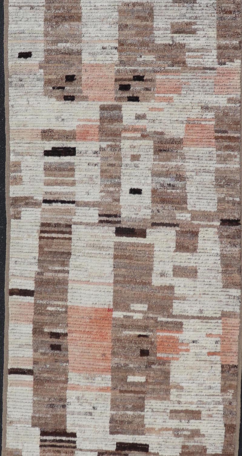 Modern Casual Afghan Runner in Wool with Abstract Design in Natural Colored Wool. Keivan Woven Arts; rug AFG-64742 Country of Origin: Afghanistan Type: Modern Casual Design: Abstract, Sub-Geometric, Minimalist. 
Measures: 3'6 x 13'5 
This attractive