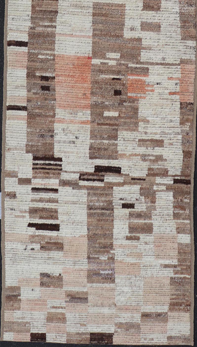 Hand-Knotted Modern Casual Afghan Runner in Wool with Abstract Design in Natural Colored Wool