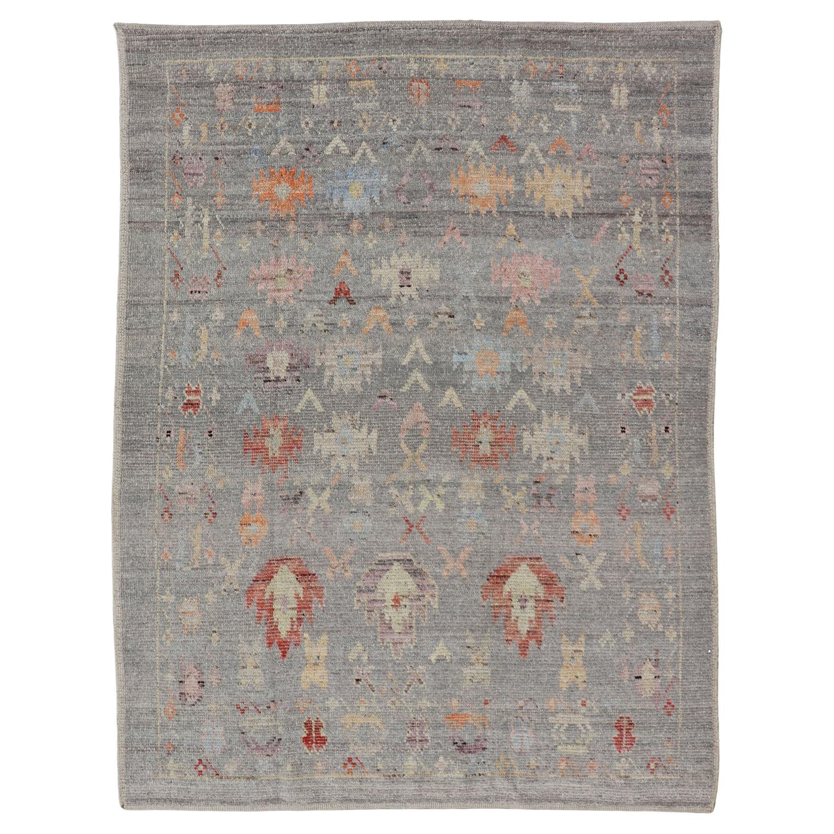 Modern Casual Afghan Tribal Designed Rug on a Light Gray Field