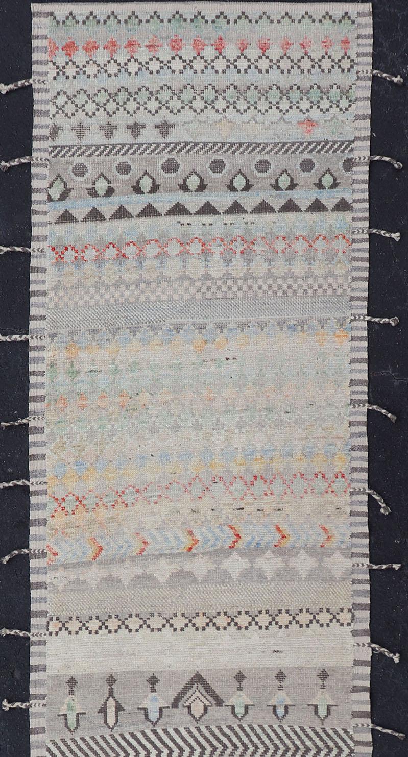 Modern Casual Afghan Tribal Designed Runner in Pastels Colors  In New Condition For Sale In Atlanta, GA