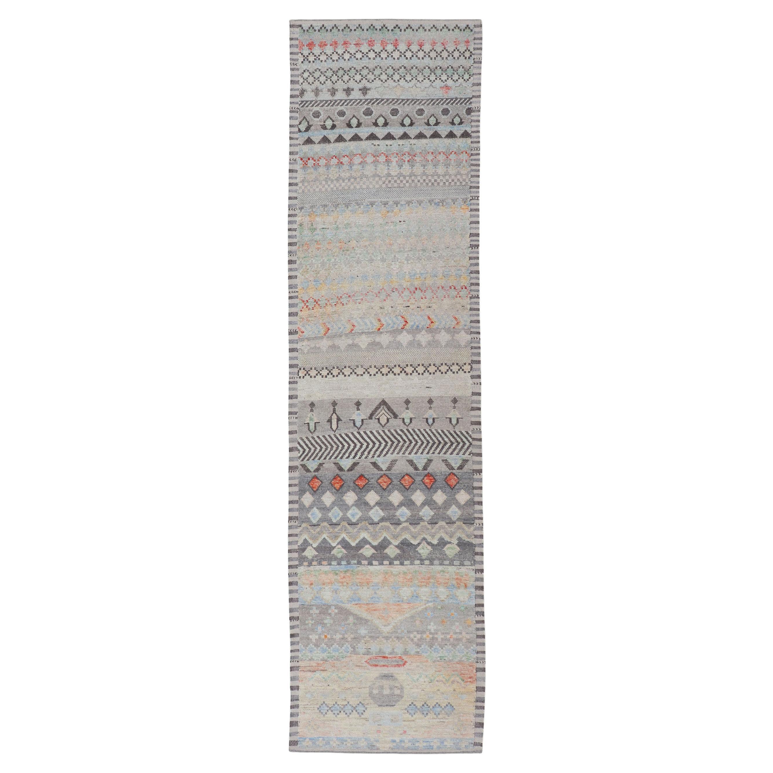 Modern Casual Afghan Tribal Designed Runner in Pastels Colors  For Sale