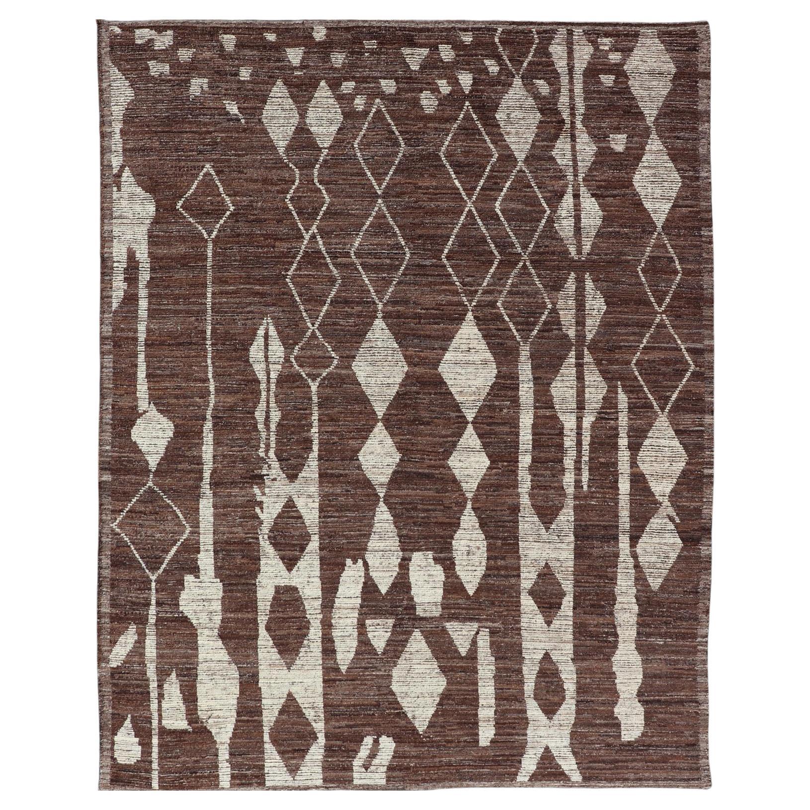 Modern Casual Afghan Tribal Rug in Wool with Abstract Design in Browns and Ivory For Sale