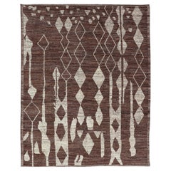 Tapis tribal afghan moderne et cachemire en laine avec motif abstrait en brun et ivoire