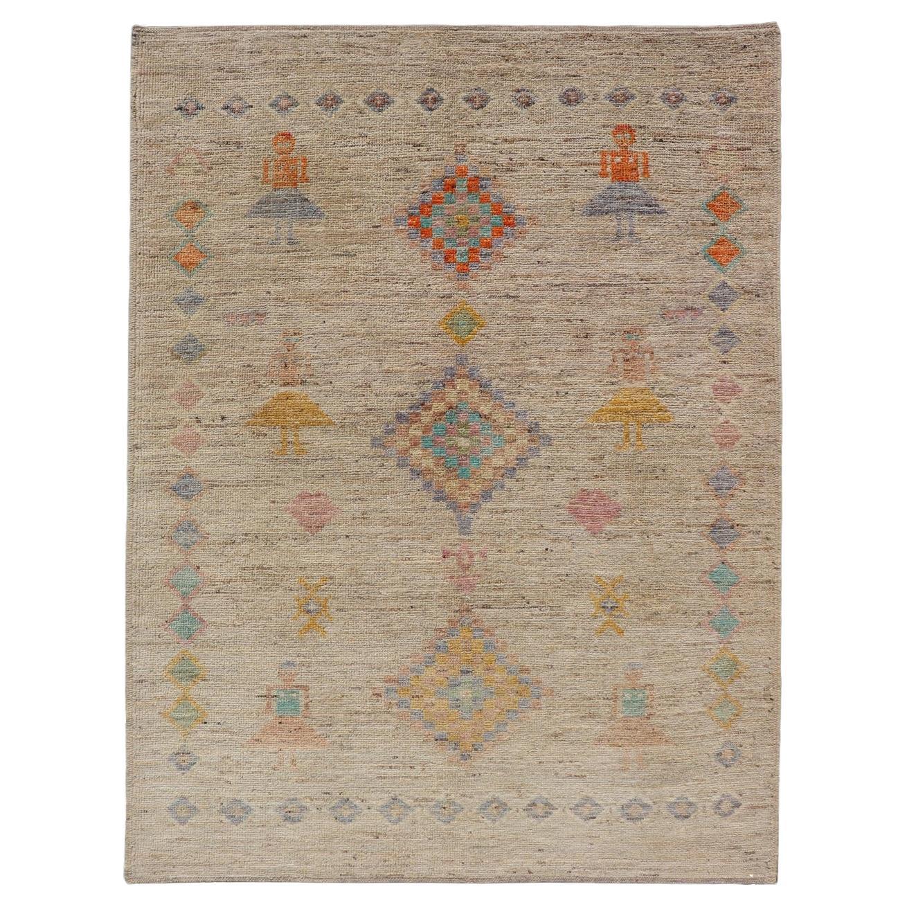 Modern Casual Afghan Wool Tribal Rug with Sub-Geometric Design For Sale