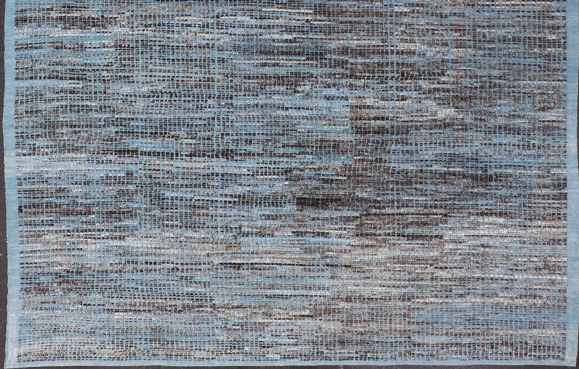 Hand-Knotted Modern Casual Afghanistan with Hi-Low Textured Rug in Blue & Charcoal Colors For Sale