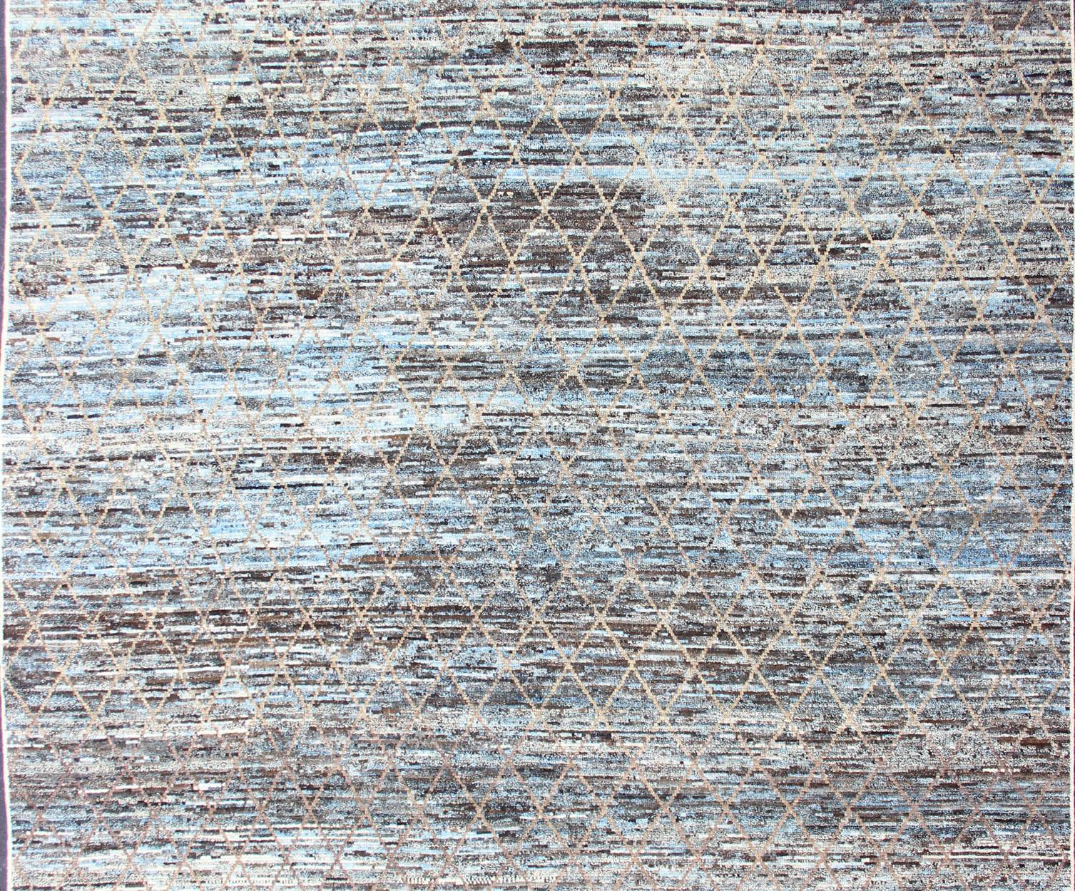Hand-Knotted Modern Casual Design Rug in Blue, Gray, Charcoal, Brown and Neutral Tones