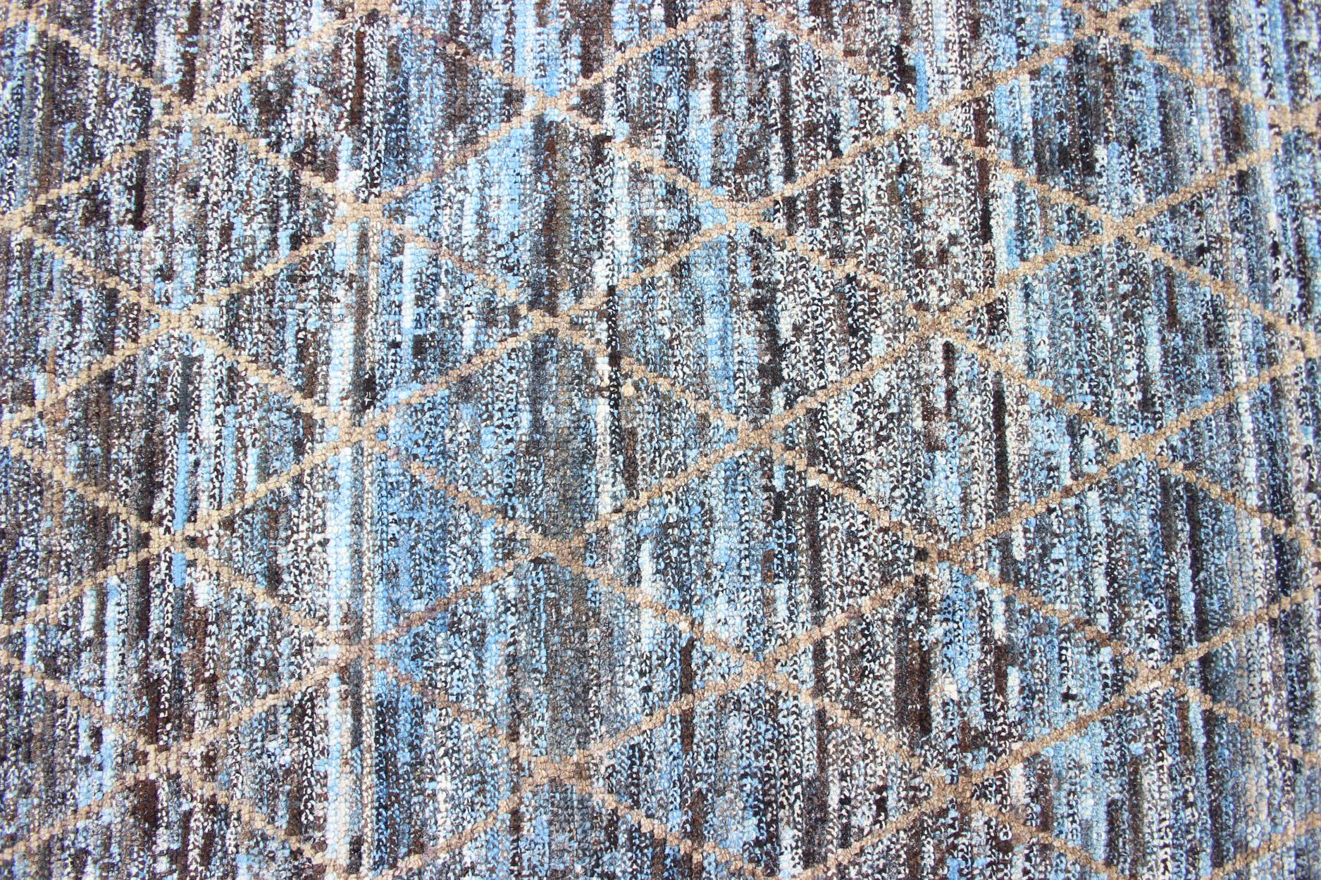 Contemporary Modern Casual Design Rug in Blue, Gray, Charcoal, Brown and Neutral Tones