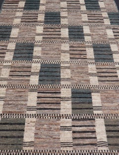 Modern Casual Design Tribal Rug with Checkered Pattern in Teal, Cream, and Brown
