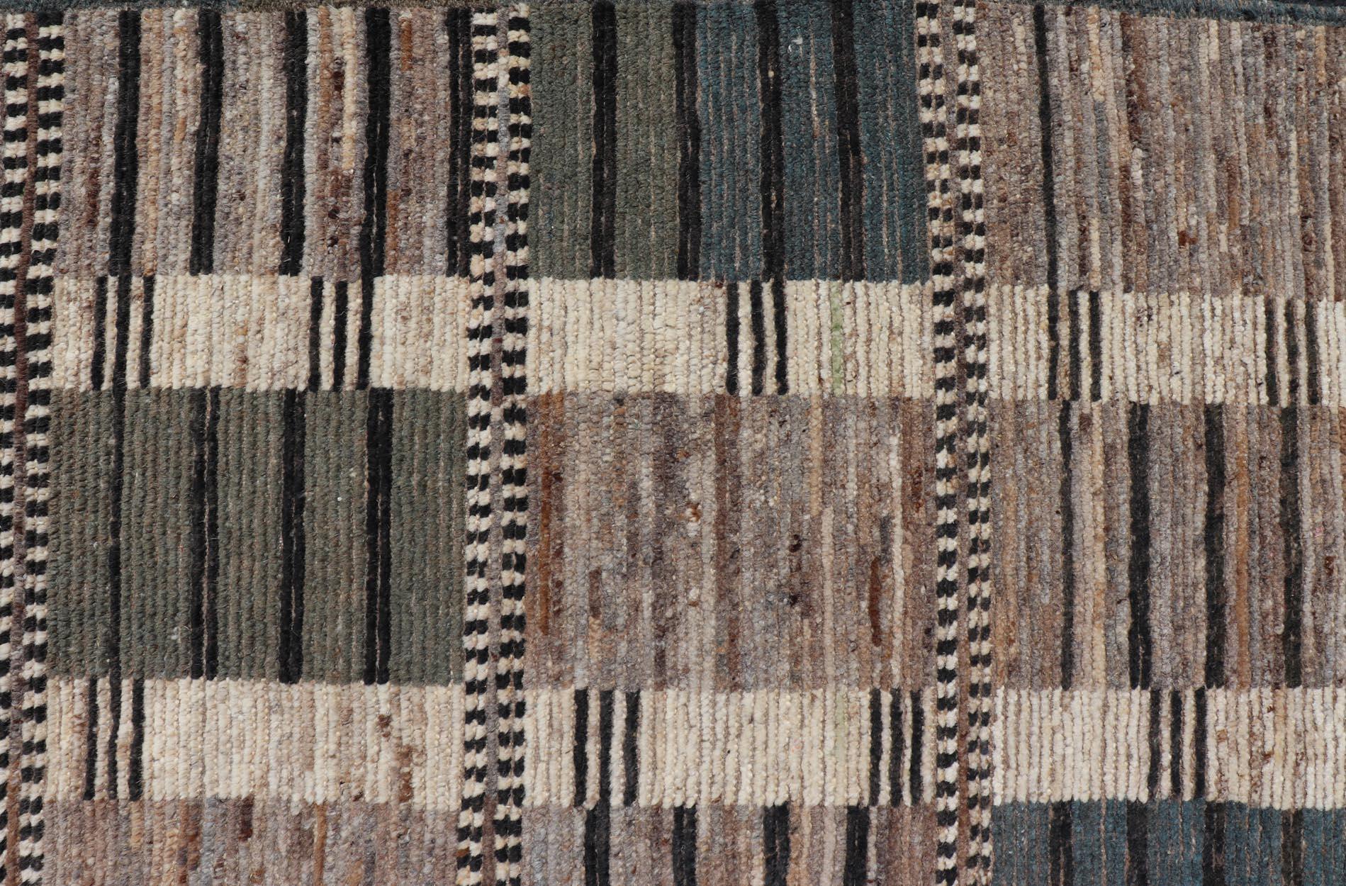 Modern Casual Design Tribal Rug with Checkered Pattern in Teal, Cream, and Brown In New Condition For Sale In Atlanta, GA