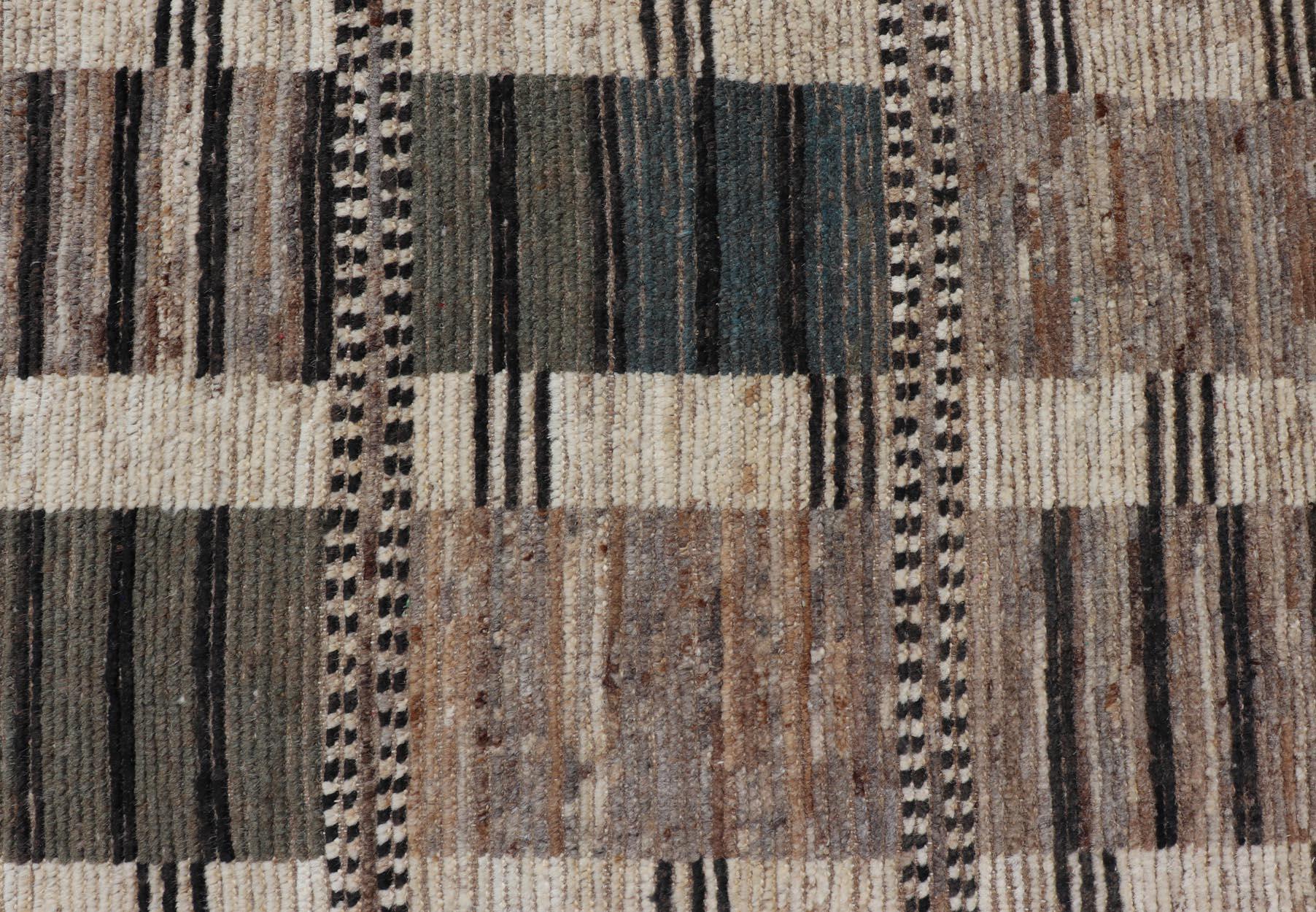 Contemporary Modern Casual Design Tribal Rug with Checkered Pattern in Teal, Cream, and Brown For Sale