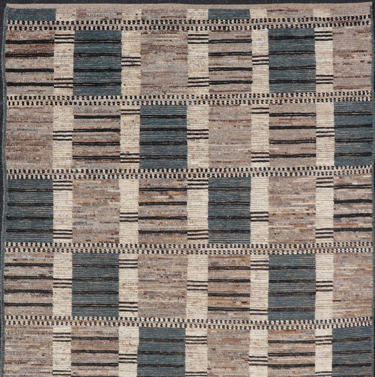 Wool Modern Casual Design Tribal Rug with Checkered Pattern in Teal, Cream, and Brown For Sale