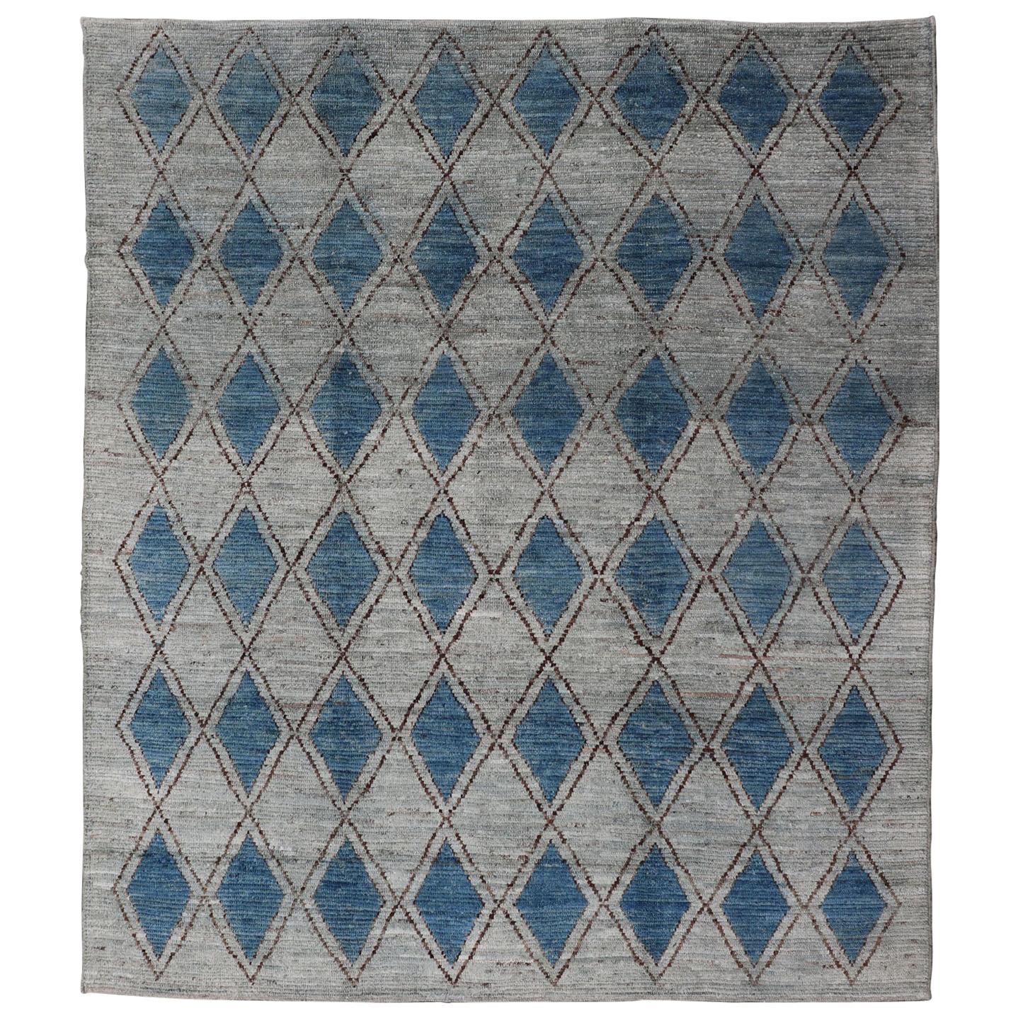 Modern Casual Design Moroccan Design in Diamond Pattern in Gray, Blue, and Brown For Sale