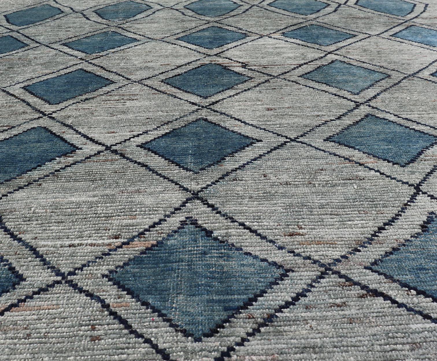 Alfombra Tribal de Diseño Moderno y Casual con Diseño de Diamantes en Verde, Azul y Marrón Lana en venta