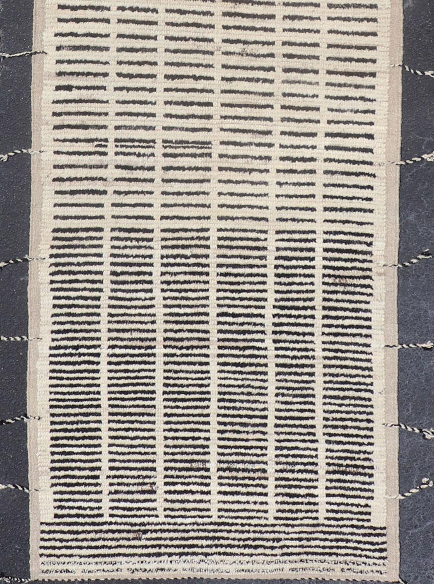 Hand-Knotted Modern Casual Hand Knotted Runner with Tribal Design in Black and White Colors For Sale