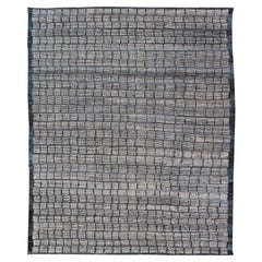 Modern Casual Rug in Steel Blue and White Tones with Hi-Low Design