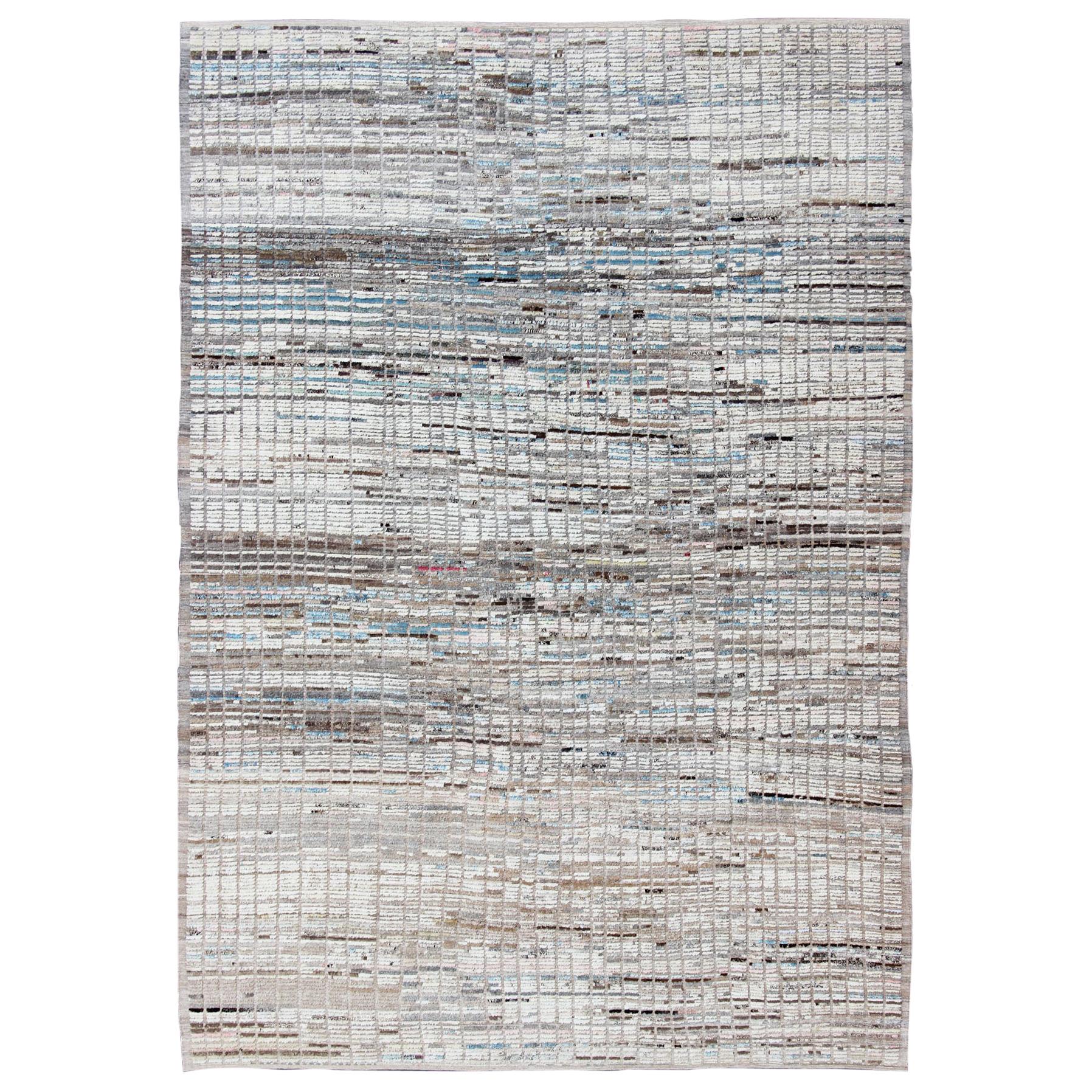 Modern Casual Rug with Hi-Low Design in Cream, White, Brown and Ice Blue