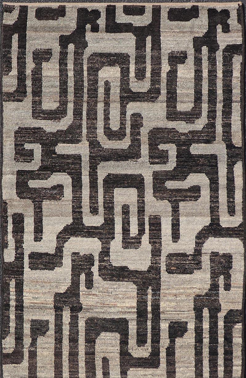 Afghan Modern Casual Runner in Wool with Black and Shades of Gray in Modern Design For Sale