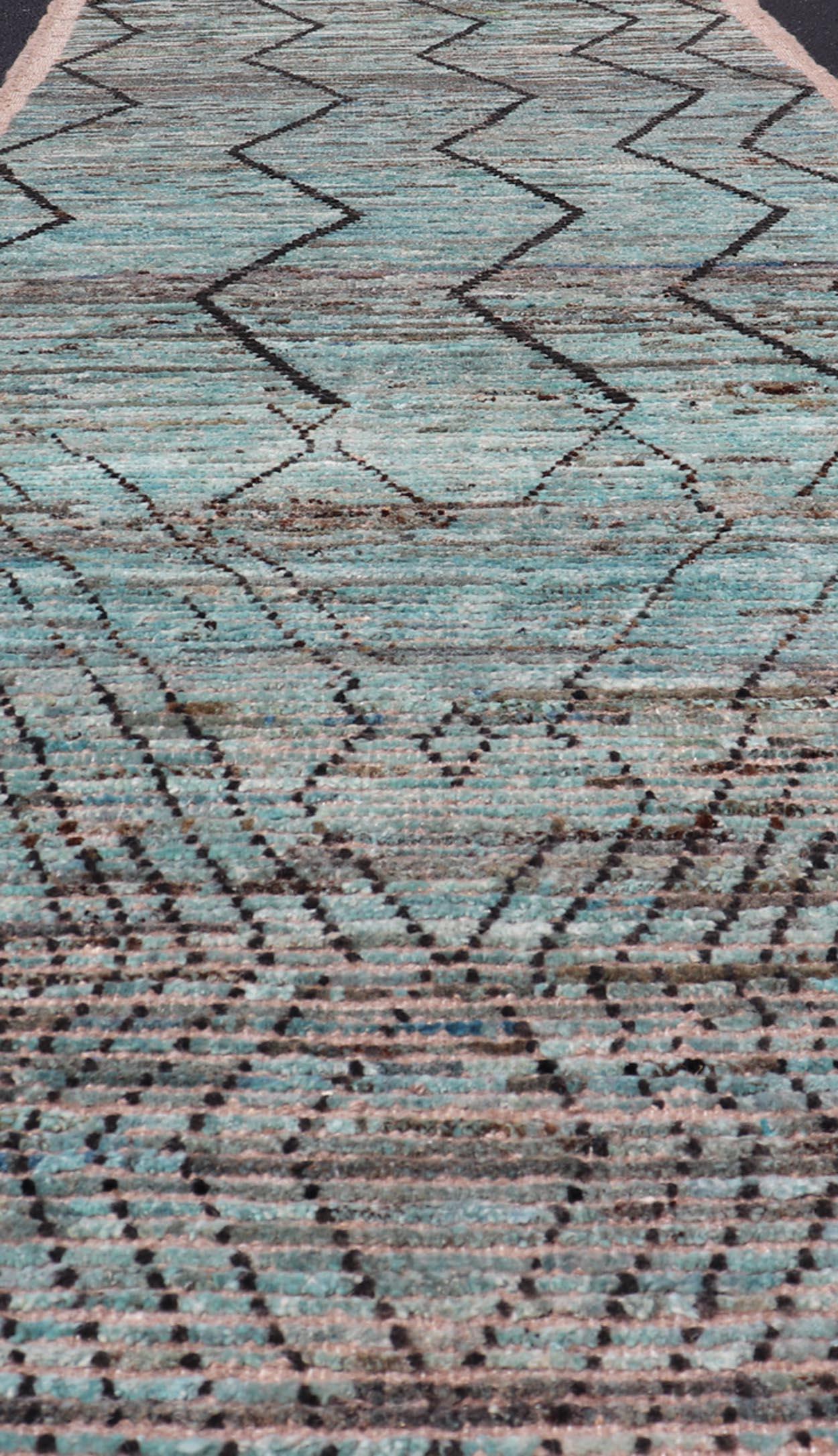 Afghan Modern Casual Runner in Wool with Sub-Geometric Modern Design in Teal & Charcoal For Sale