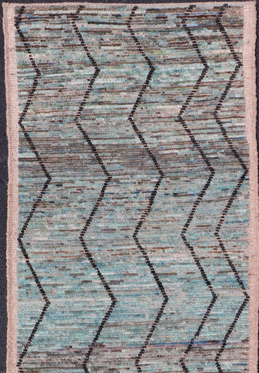 Modern Casual Runner in Wool with Sub-Geometric Modern Design in Teal & Charcoal For Sale 1