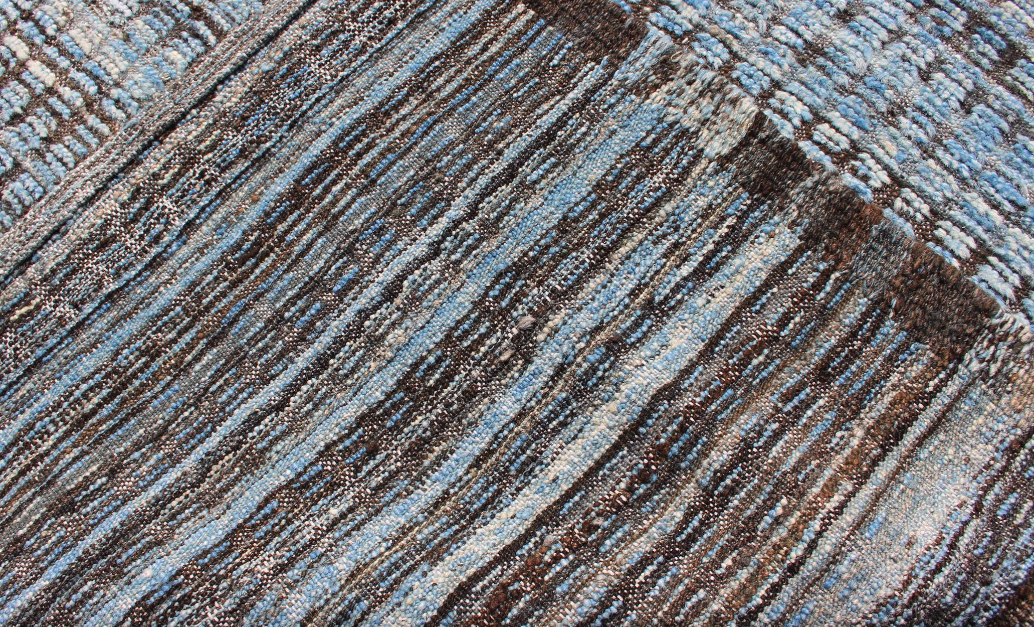 Tapis de couloir moderne et décontracté à poils bleus avec motif de piqûre en marron et taupe en vente 3