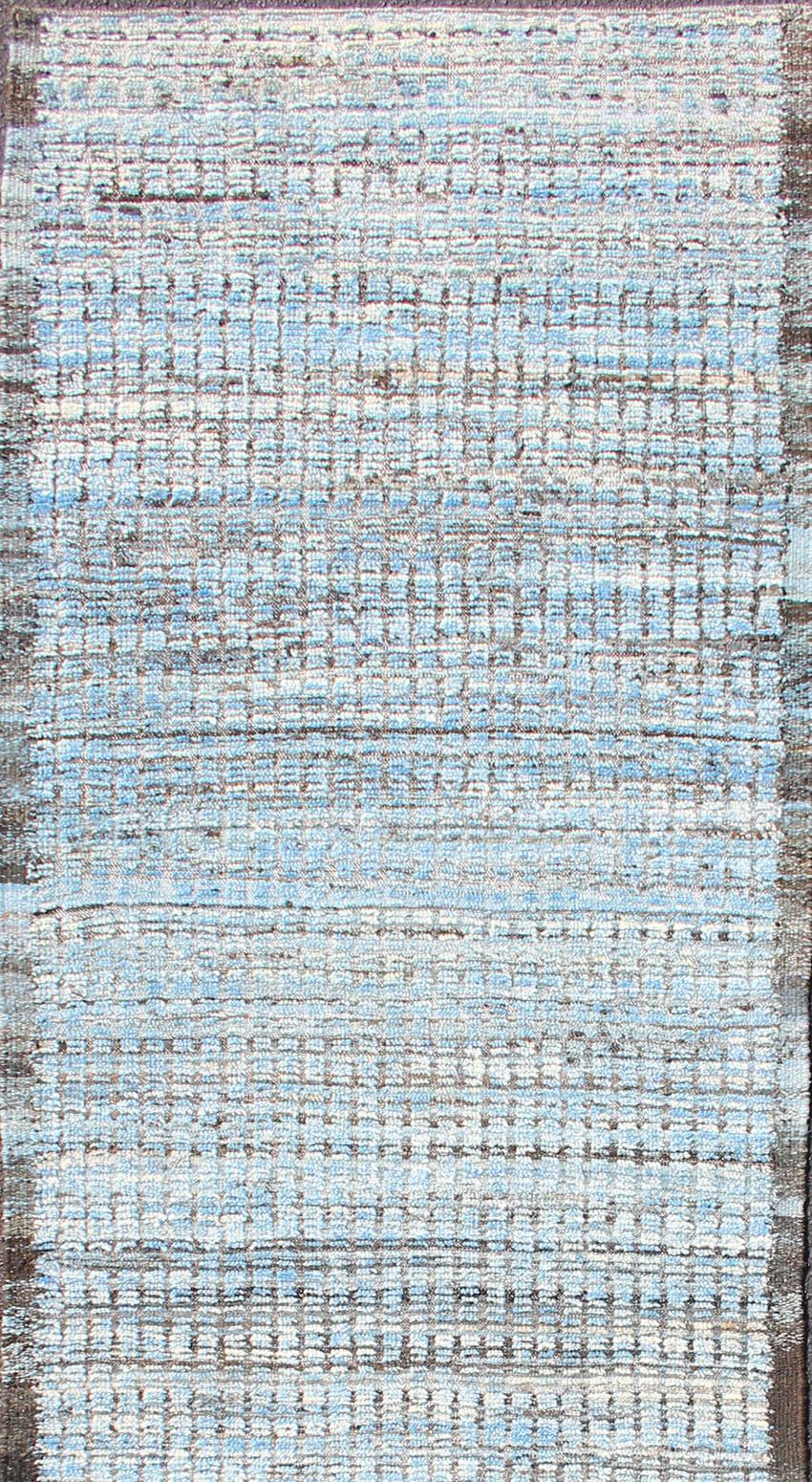 Afghan Modern Casual Runner with Hi-Low Design in Blue Pile with Brown and Taupe For Sale