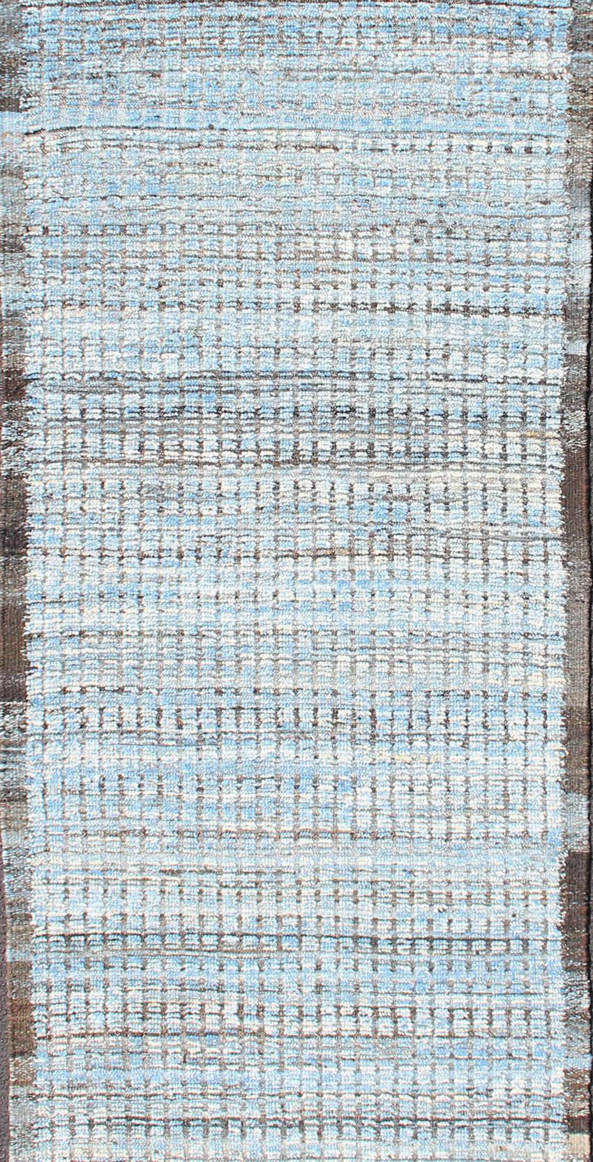 Hand-Knotted Modern Casual Runner with Hi-Low Design in Blue Pile with Brown and Taupe For Sale