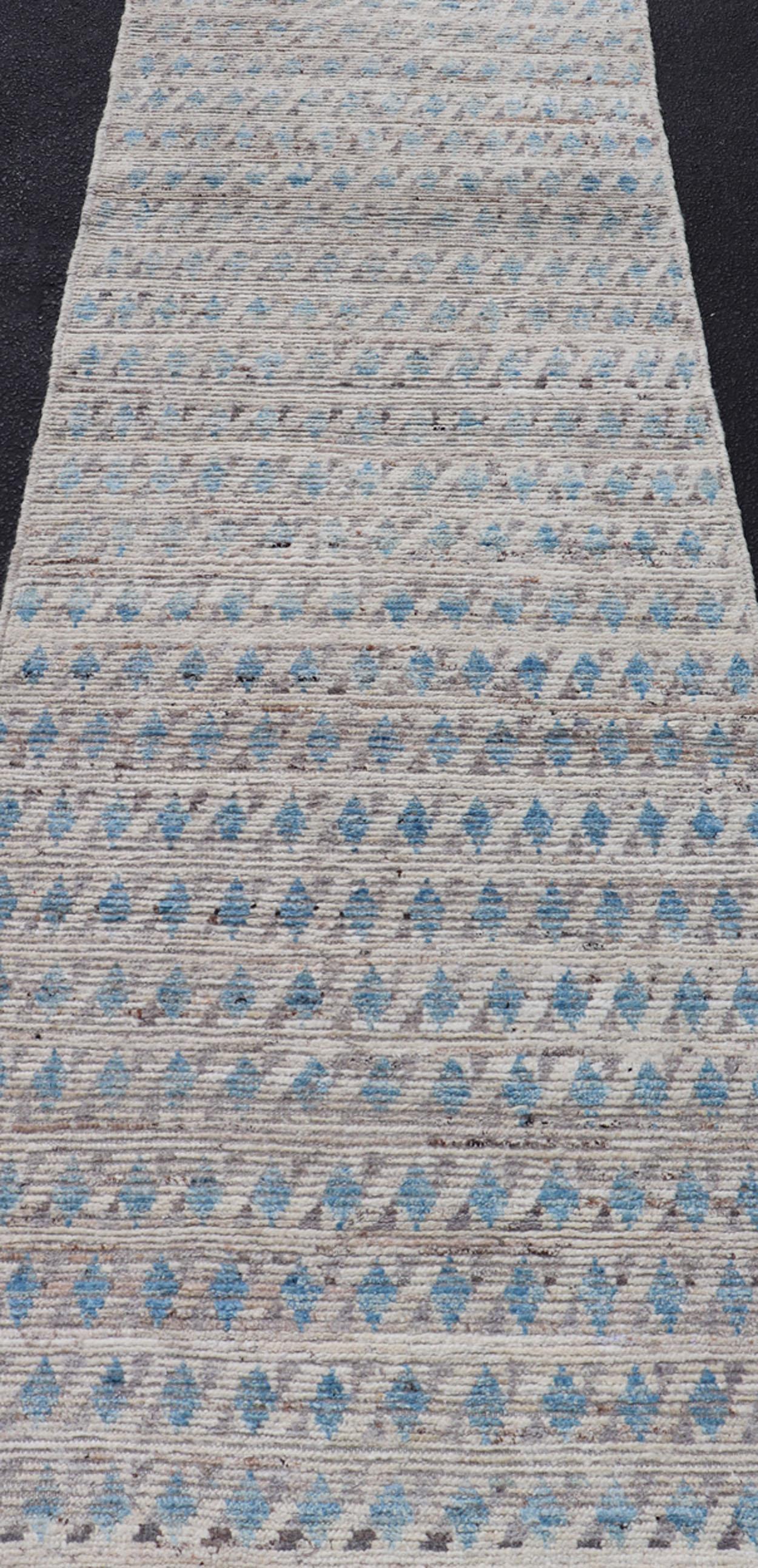 Wool Modern Casual Tribal Design Runner in Cream, Gray and Blue For Sale