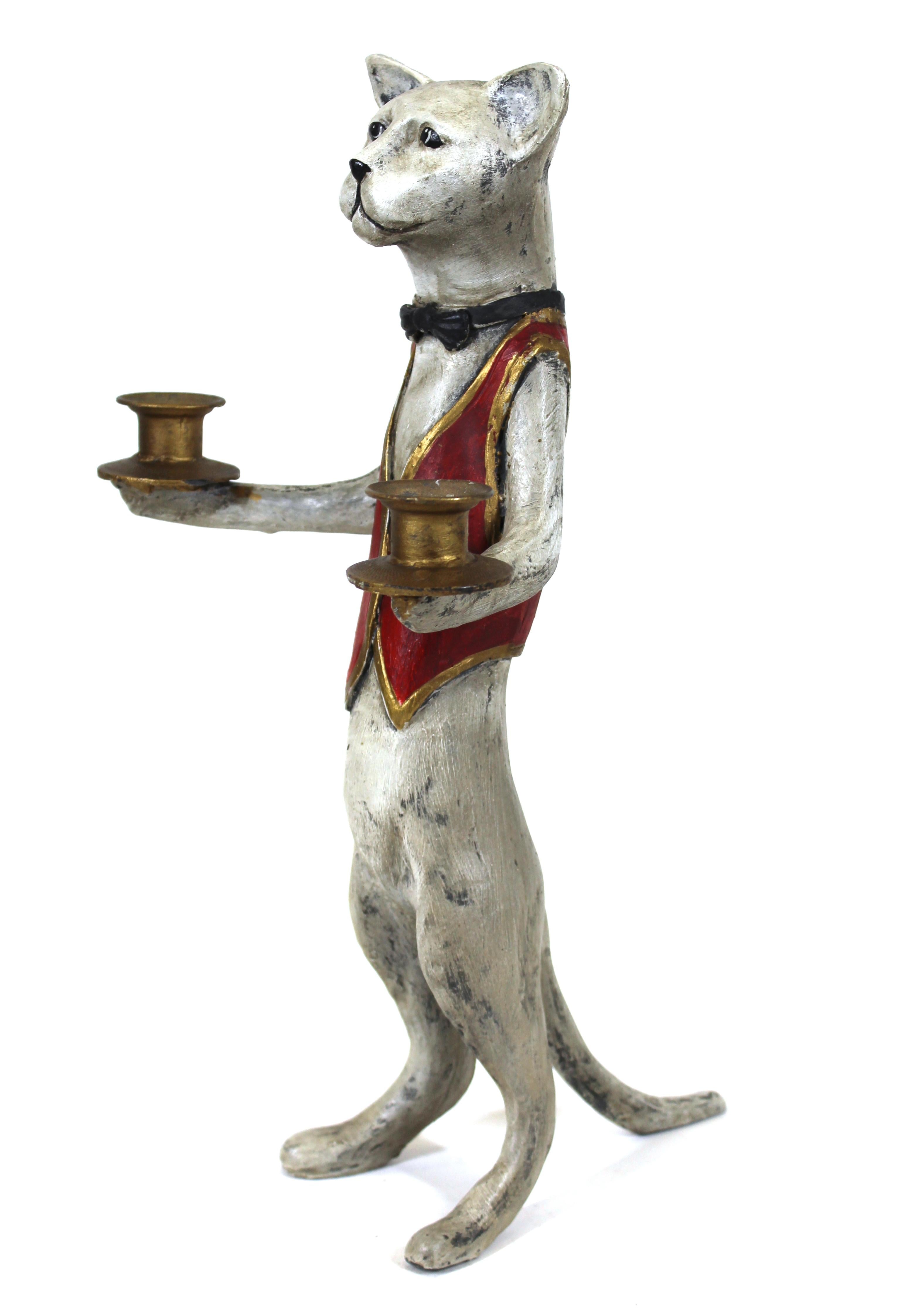 Modern whimsical cat butler candleholder in painted resin, marked on back.