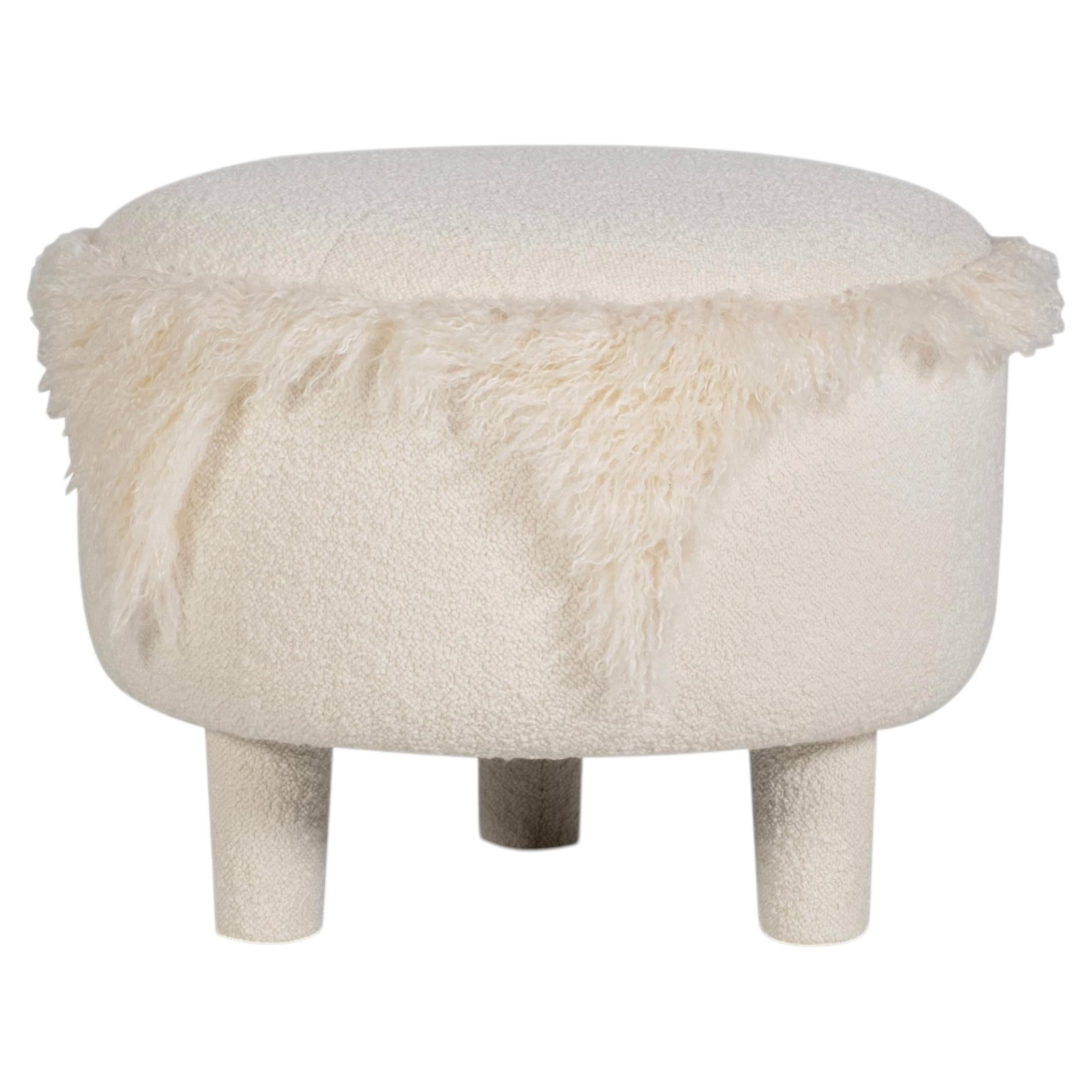Modern Catatua Pouf, Ottoman, DEDAR Ivory Boucle, Handmade Portugal Greenapple