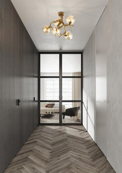 Modern Ceiling Chandelier with Colored Glass in a Brass Burnished Finish, Ersa
