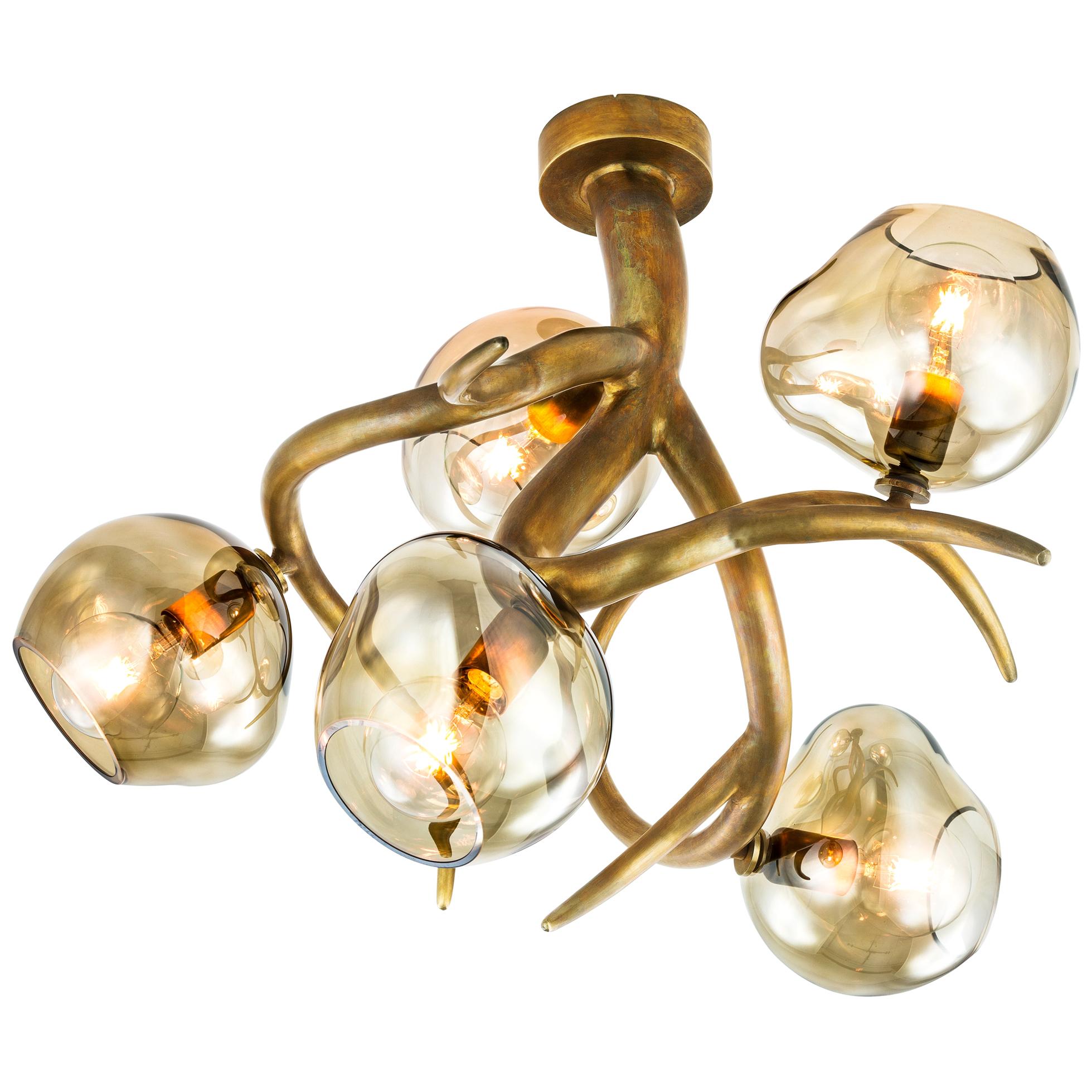 Modern Ceiling Chandelier with Colored Glass in a Brass Burnished Finish, Ersa