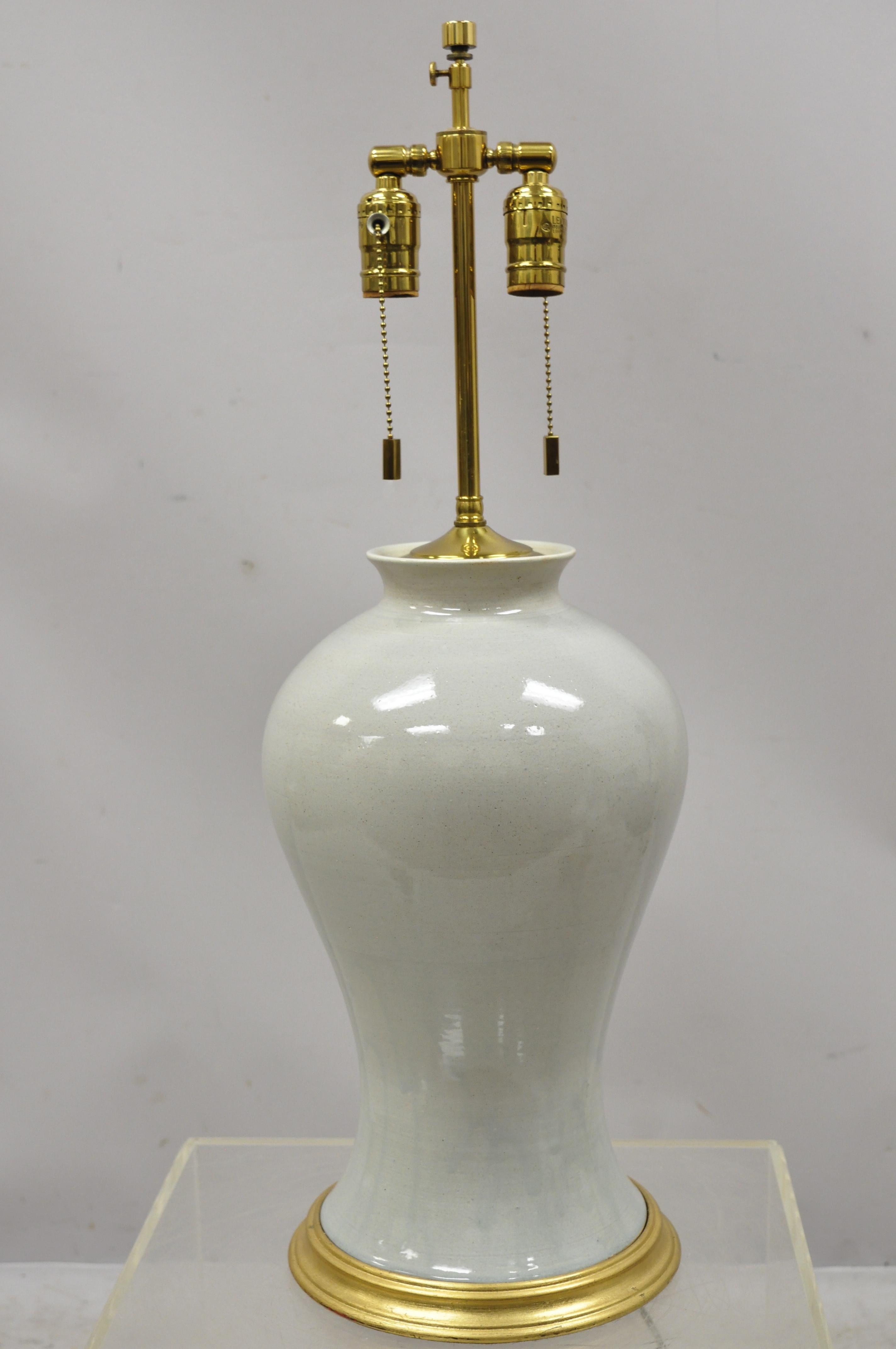 Pair of Modern Celadon Green Glazed Ceramic Brass Bulbous Stoneware Table Lamps For Sale 5