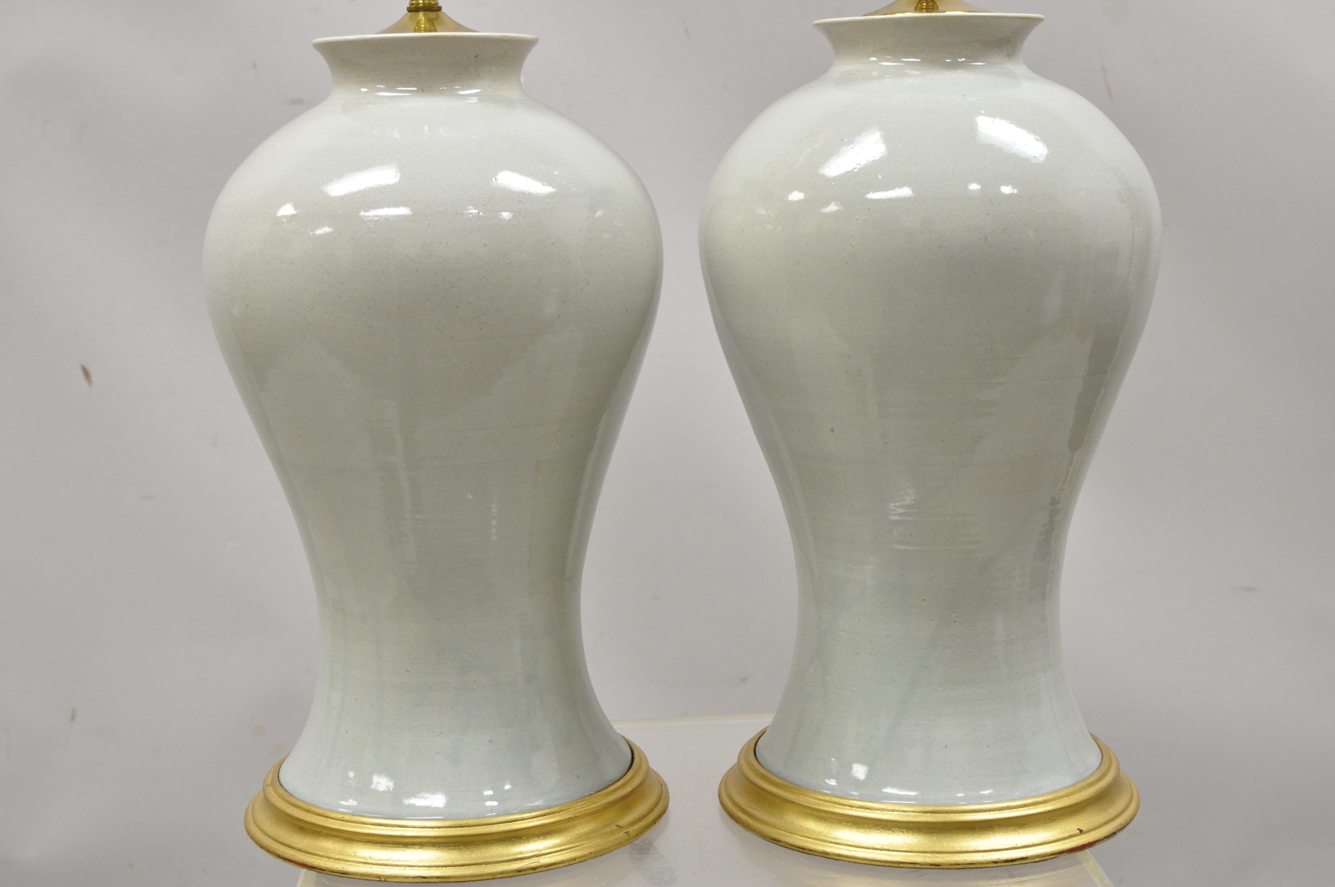 Pair of Modern Celadon Green Glazed Ceramic Brass Bulbous Stoneware Table Lamps In Good Condition For Sale In Philadelphia, PA