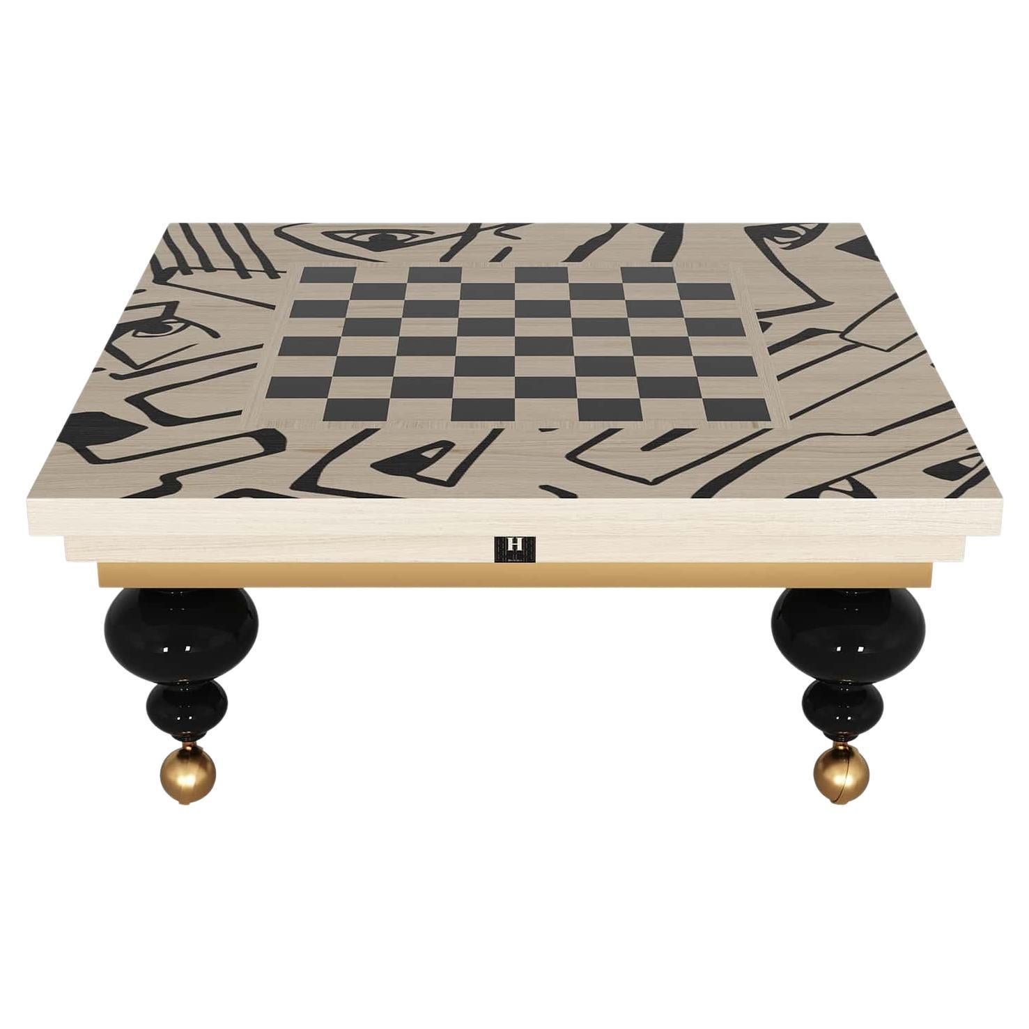 Modern Center Coffee Black & White Chess Board Table Top With Golden Details For Sale