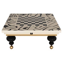 Modern Center Coffee Black & White Chess Board Table Top With Golden Details