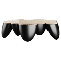 Modern Center Coffee Table With Organic Shape With Black Lacquer & Marble Top