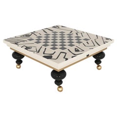Modern Center Coffee Black & White Chess Board Table Top With Golden Details