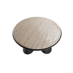 Modern Center Table Black with Tabletop in Travertine Marble and Feet in Wood
