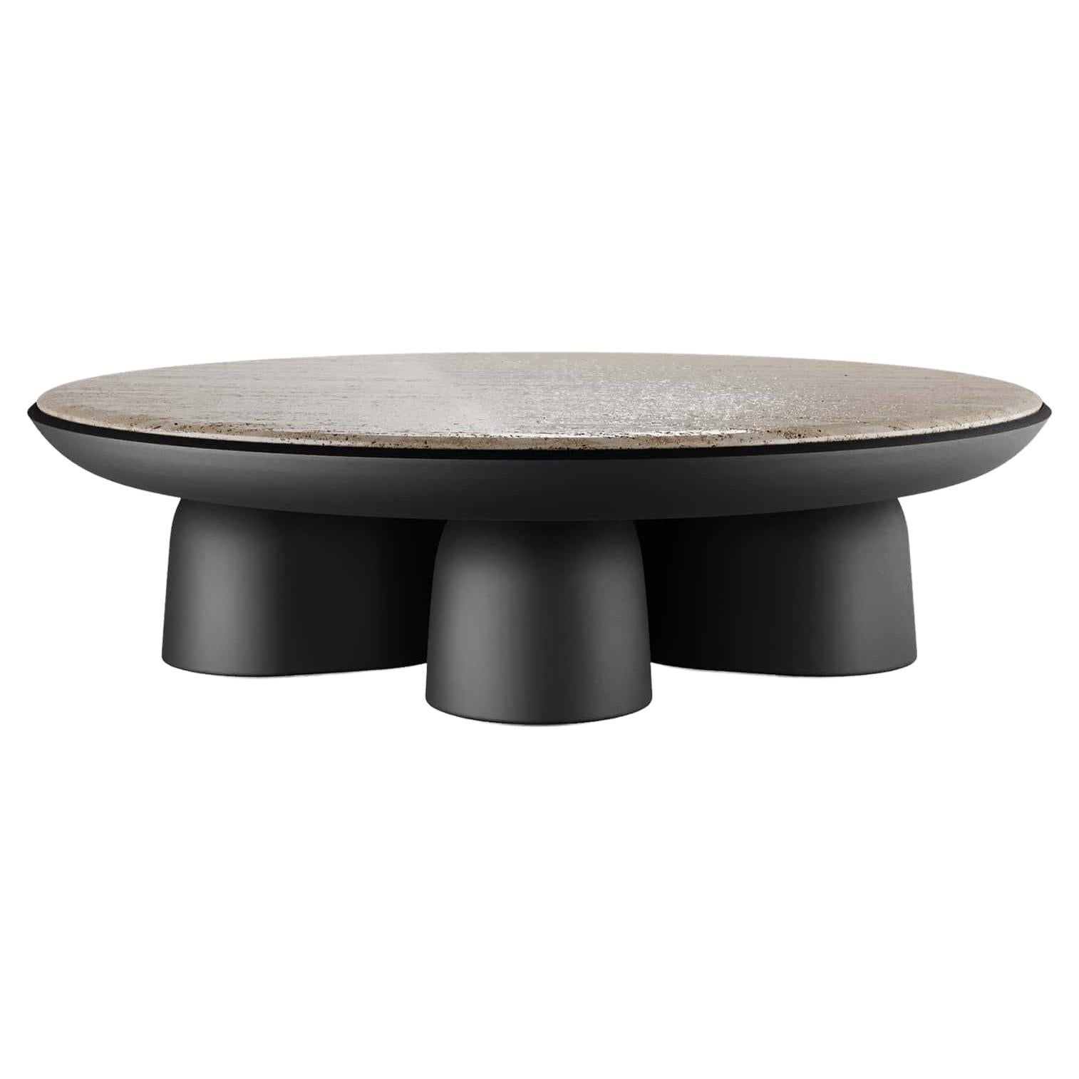 Moderner Mitteltisch in Schwarz mit Tischplatte aus Travertinmarmor und Füßen aus Holz
