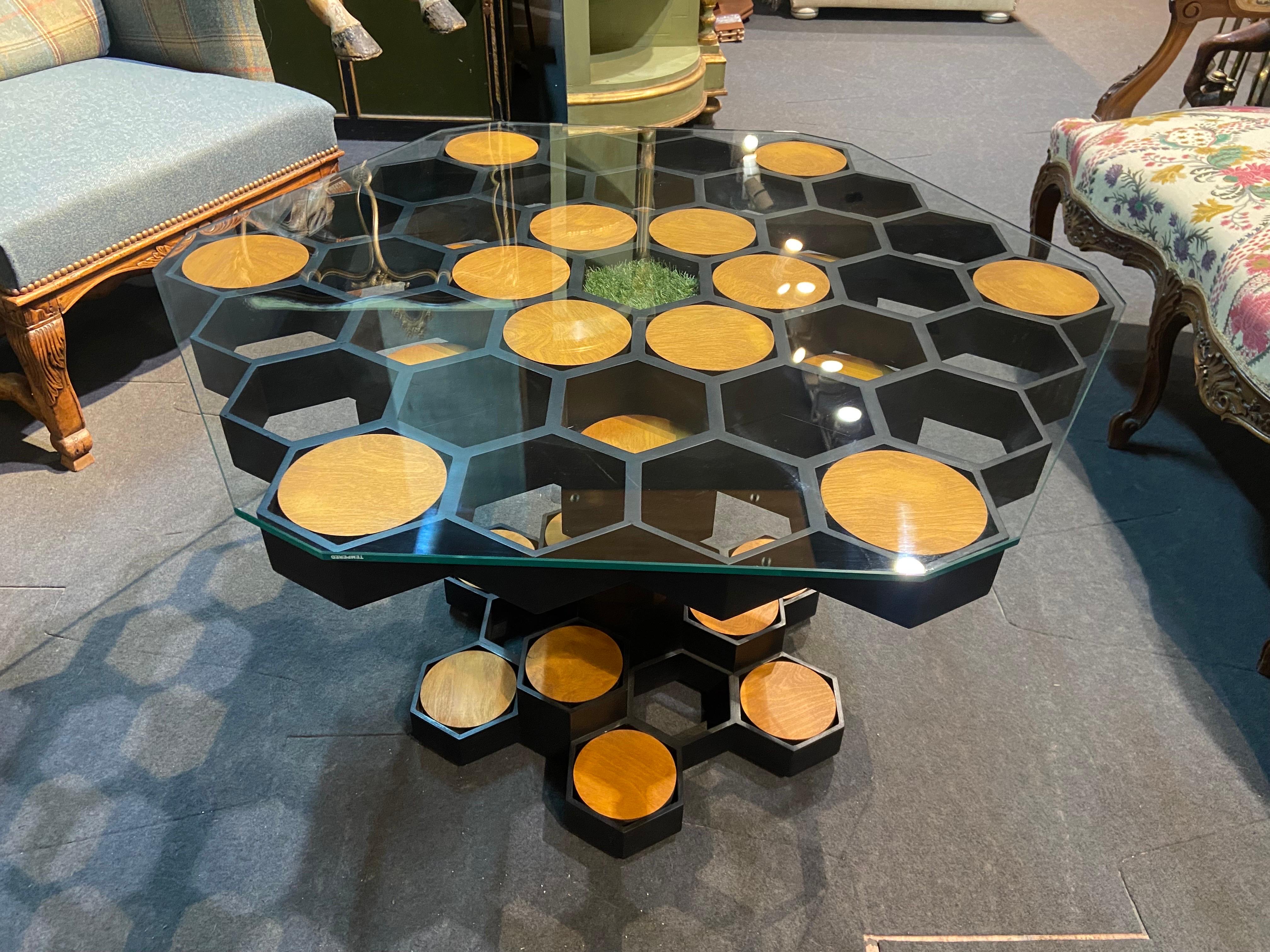 21st century modern centre handmade table with honeycomb decoration and octagonal glass on the top.
  