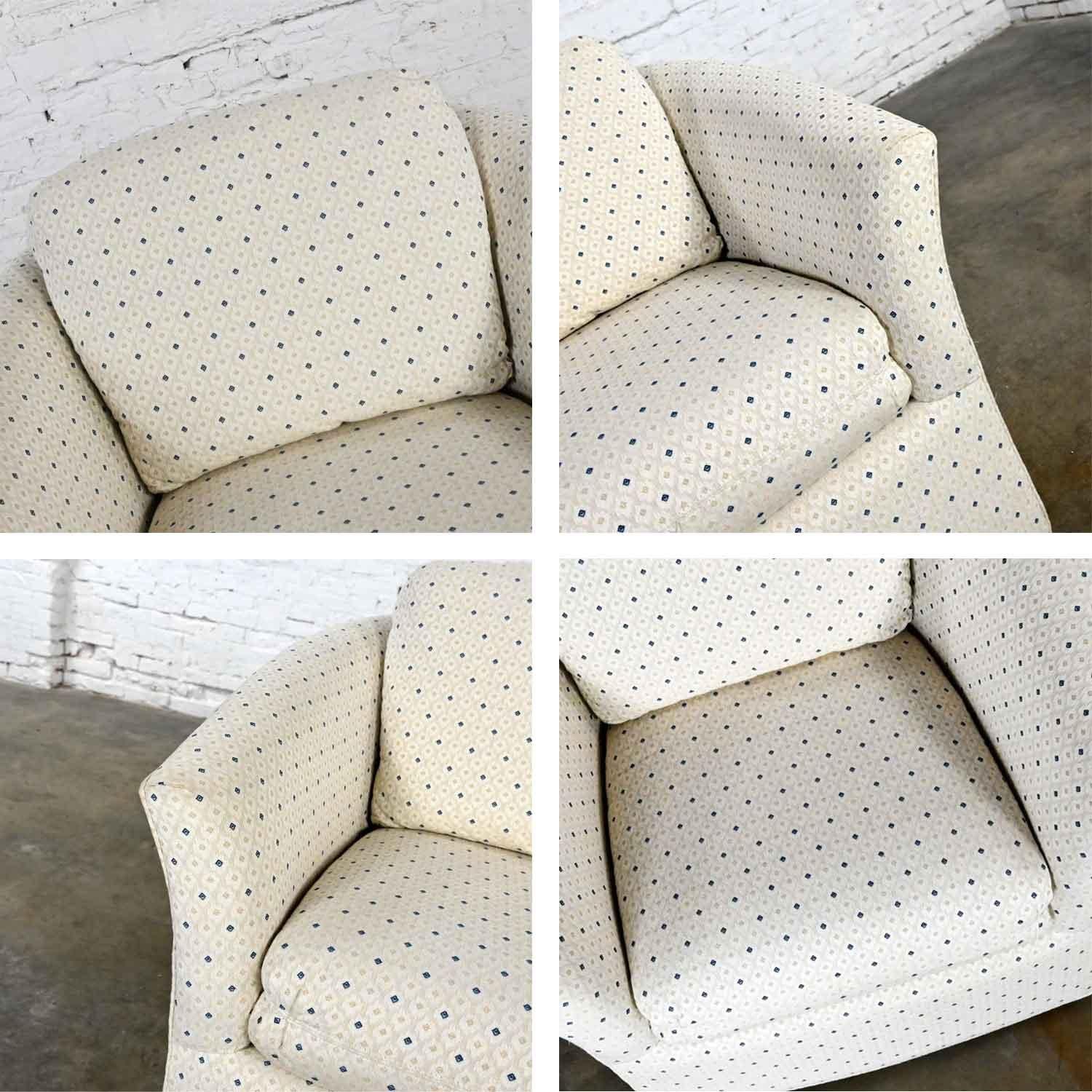 Modern Century Furniture Swivel Barrel Chair Off White & Blue Diamond Brocade For Sale 6