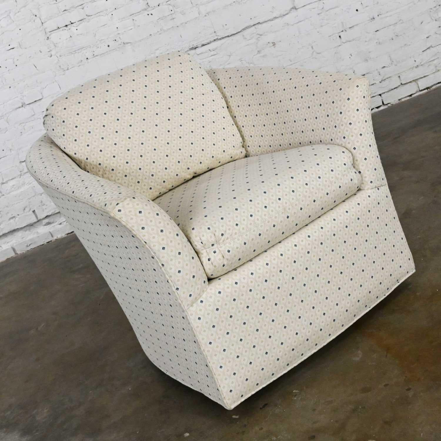 American Modern Century Furniture Swivel Barrel Chair Off White & Blue Diamond Brocade For Sale
