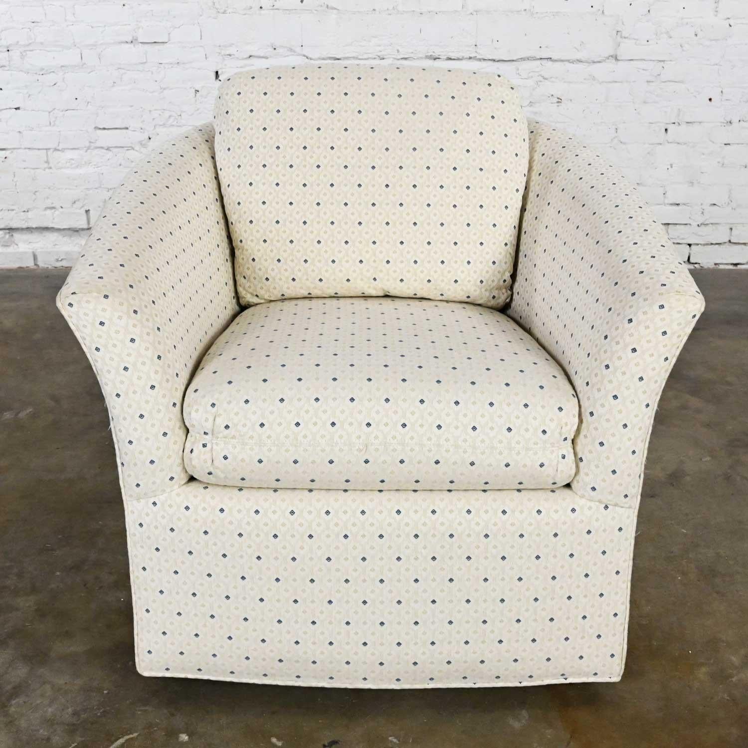 Modern Century Furniture Swivel Barrel Chair Off White & Blue Diamond Brocade For Sale 2