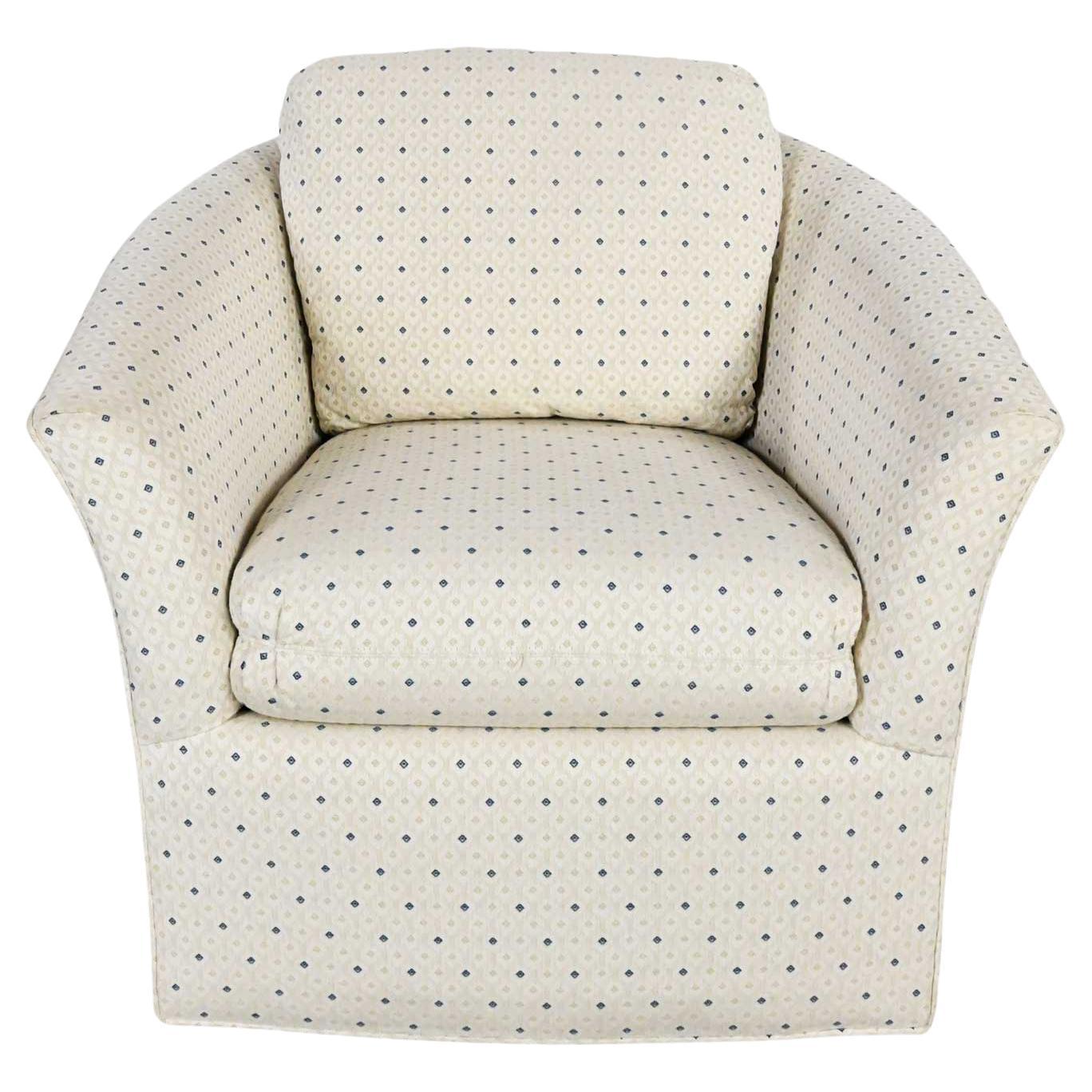 Modern Century Furniture Swivel Barrel Chair Off White & Blue Diamond Brocade For Sale