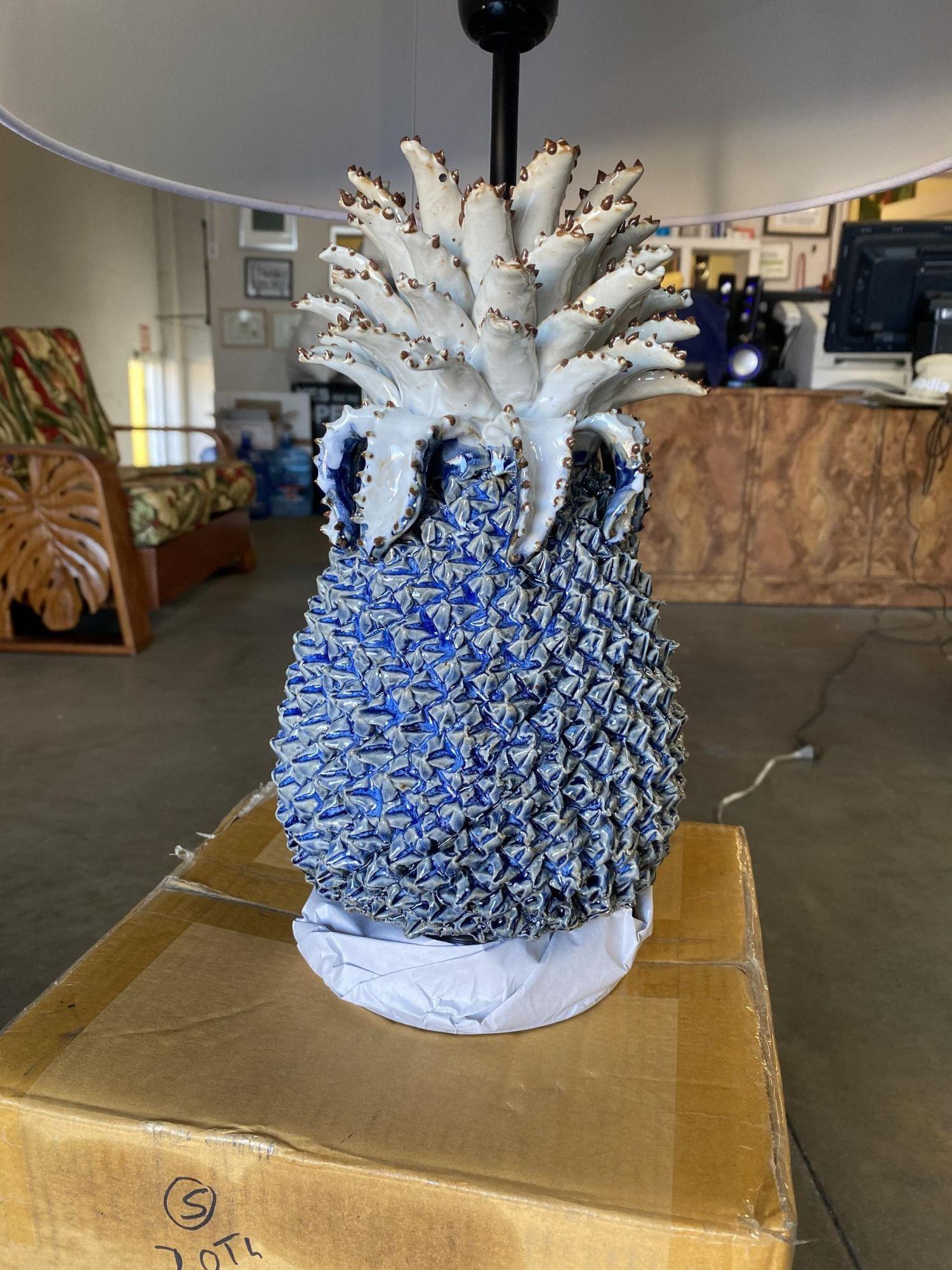 Mid-20th Century Modern Ceramic Pineapple Lamp With Large Shade W/ Shade For Sale