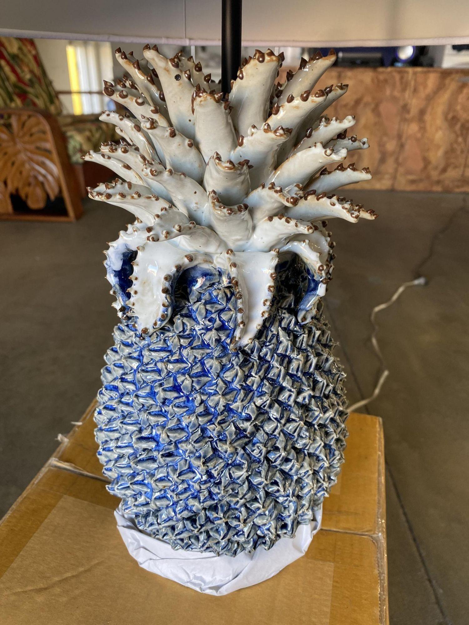 Modern Ceramic Pineapple Lamp With Large Shade W/ Shade For Sale 1