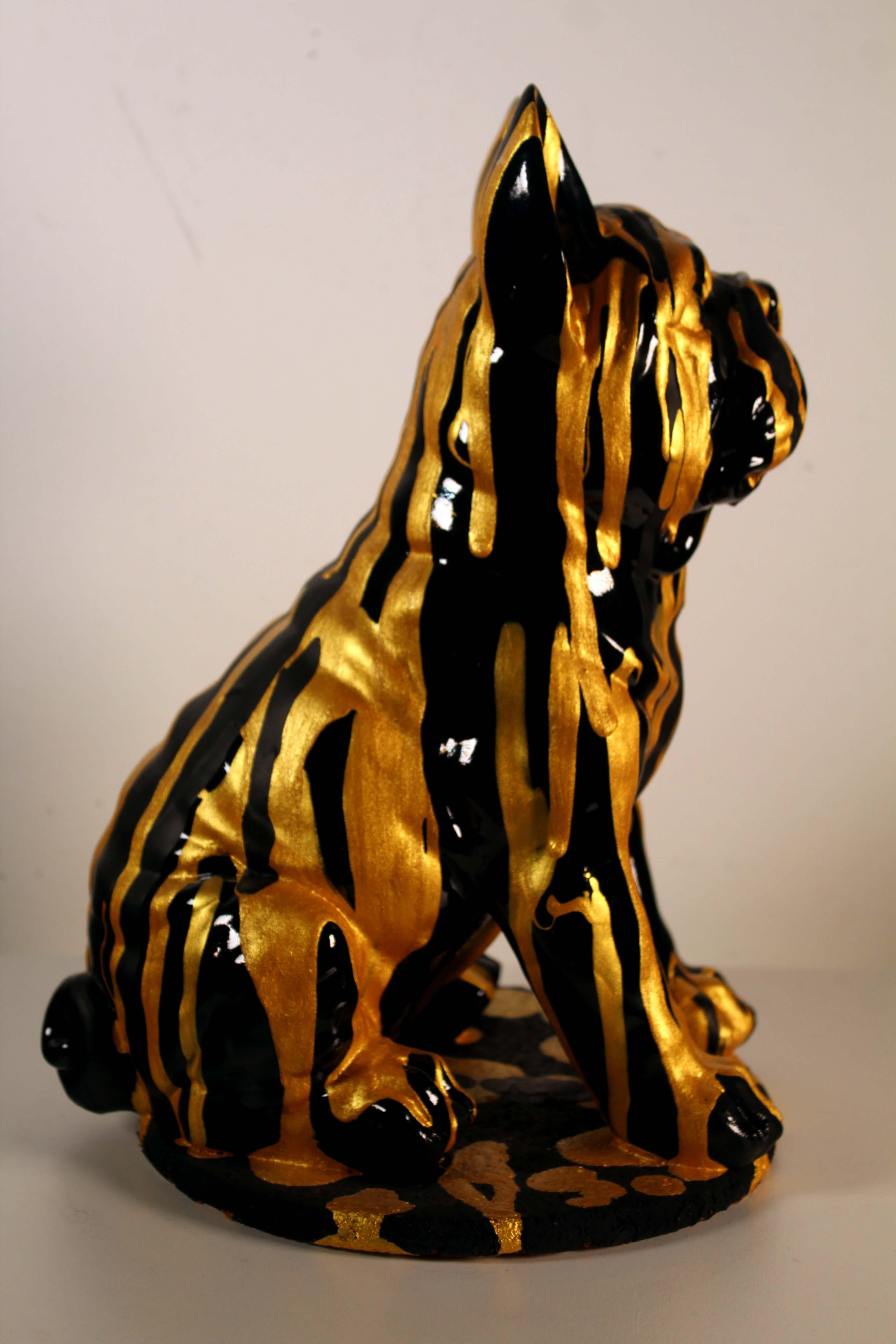 Modern Ceramic Sculpture Frenchie Gold Drip Homage to Godiva In Good Condition For Sale In Keego Harbor, MI