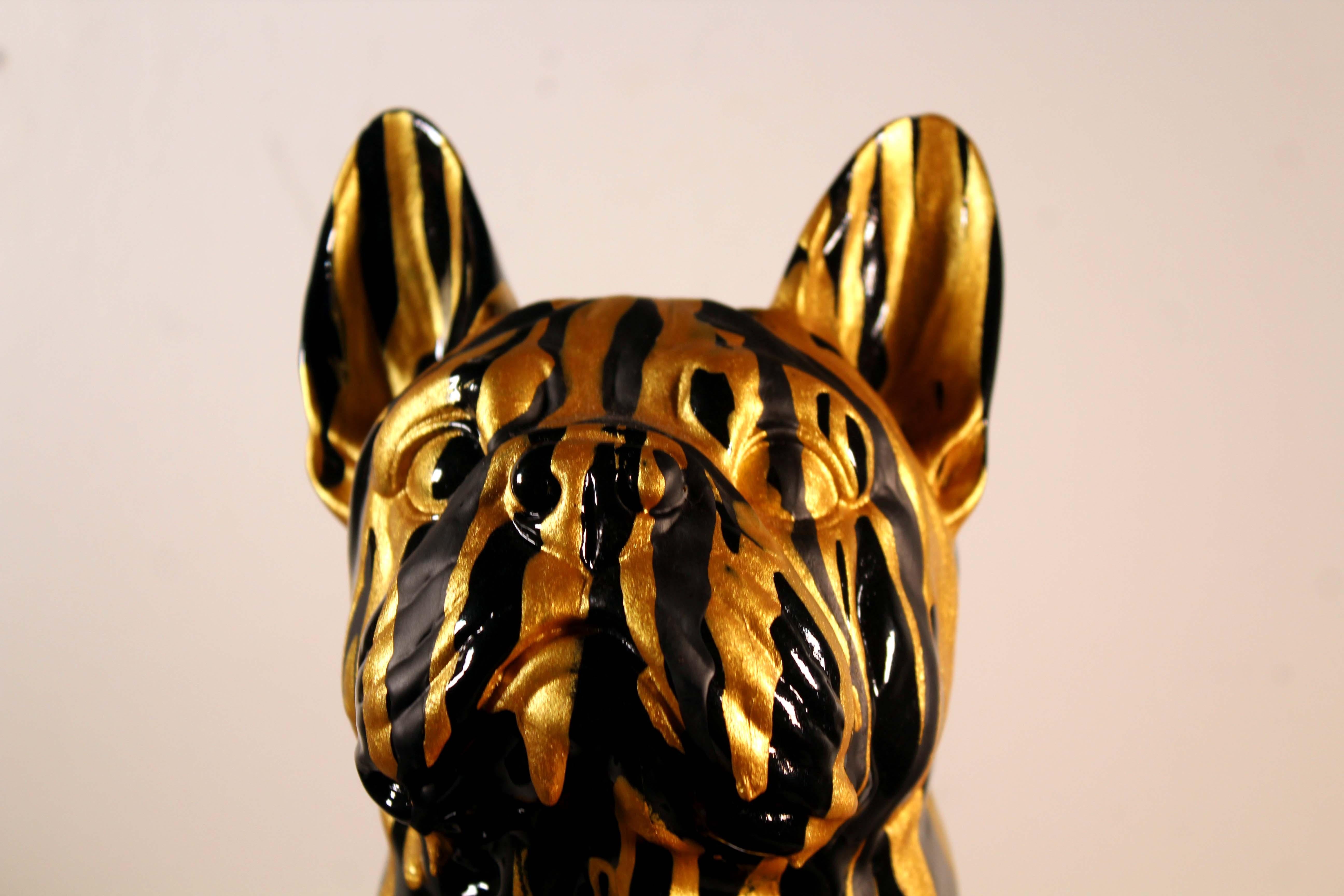 Contemporary Modern Ceramic Sculpture Frenchie Gold Drip Homage to Godiva For Sale